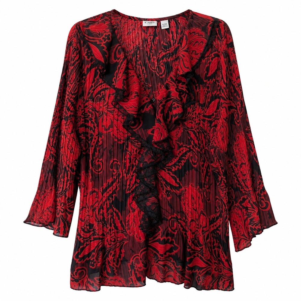 Cato Dark Romantic Red Black Floral Pleated Ruffle Lace Long Sleeve Blouse 26/28